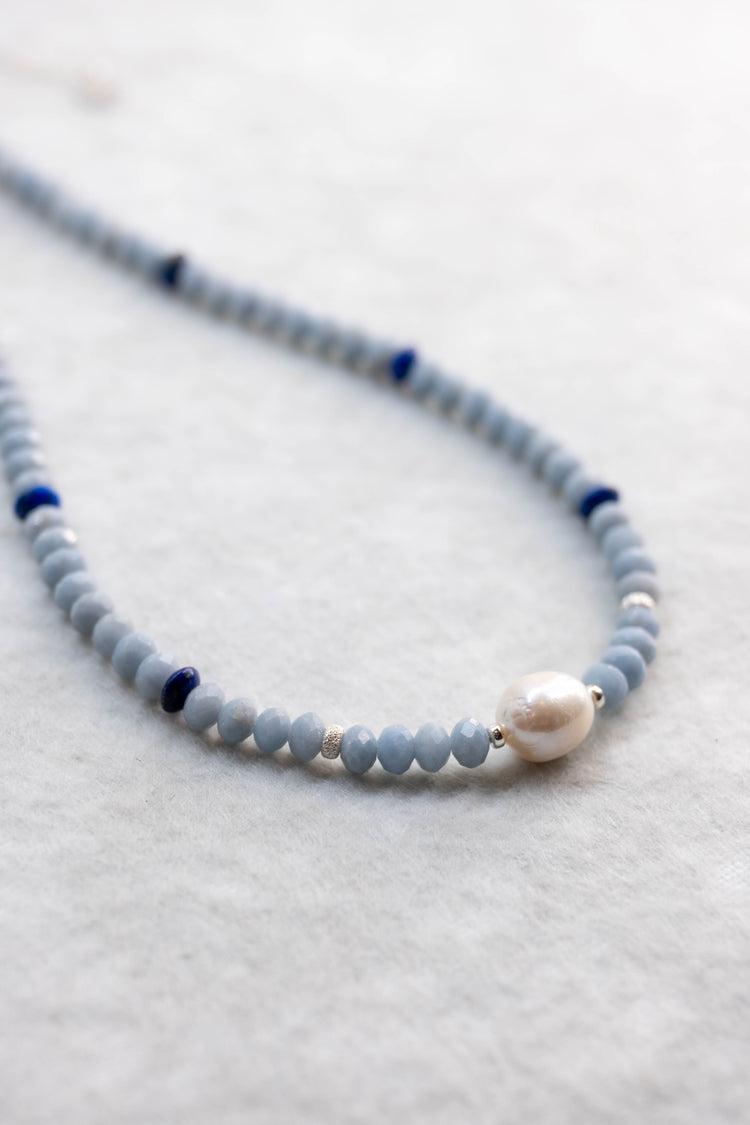 Blue Halo Pearl Necklace | Angelite Lapis Baroque Pearl
