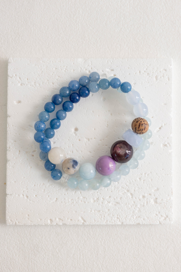 ByeByeWorry Double-lined Bracelet with Organic Essential Oil | Blue Aventurine Blue Chalcedony Purple Lepidolite