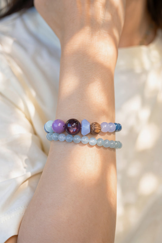 ByeByeWorry Double-lined Bracelet with Organic Essential Oil | Blue Aventurine Blue Chalcedony Purple Lepidolite