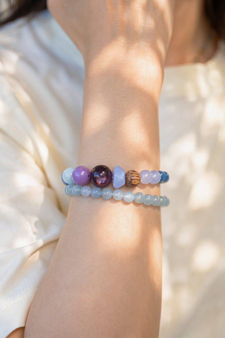 ByeByeWorry Double-lined Bracelet with Organic Essential Oil | Blue Aventurine Blue Chalcedony Purple Lepidolite