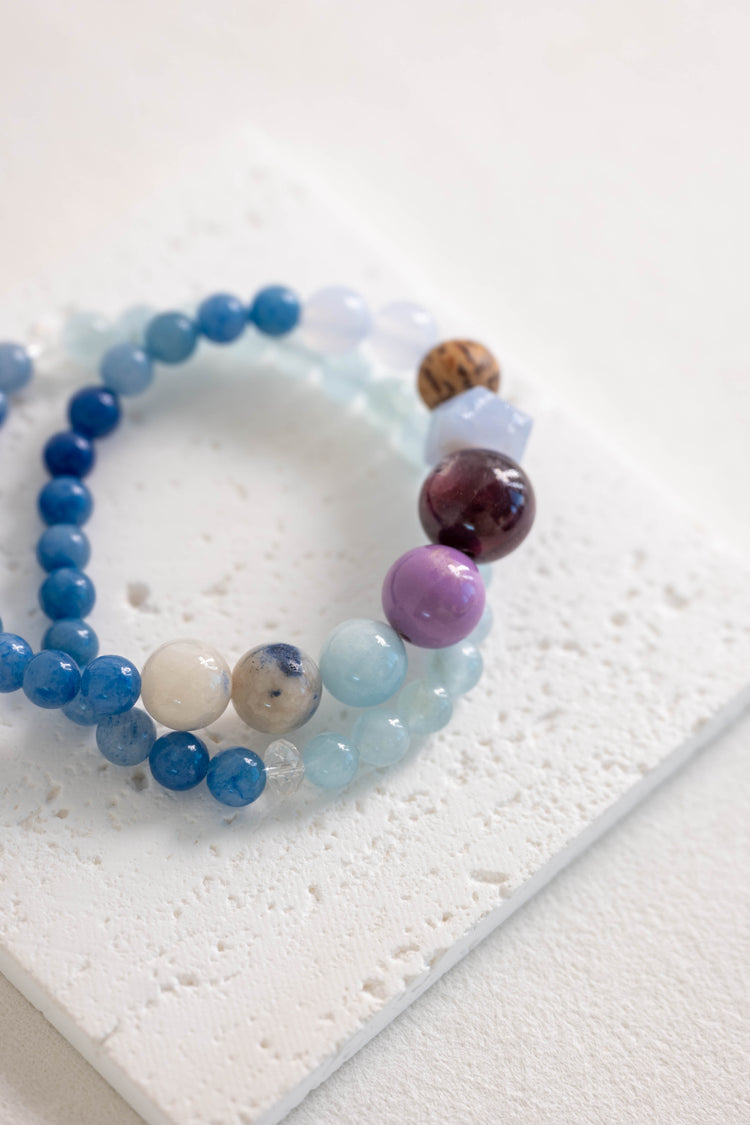 ByeByeWorry Double-lined Bracelet with Organic Essential Oil | Blue Aventurine Blue Chalcedony Purple Lepidolite