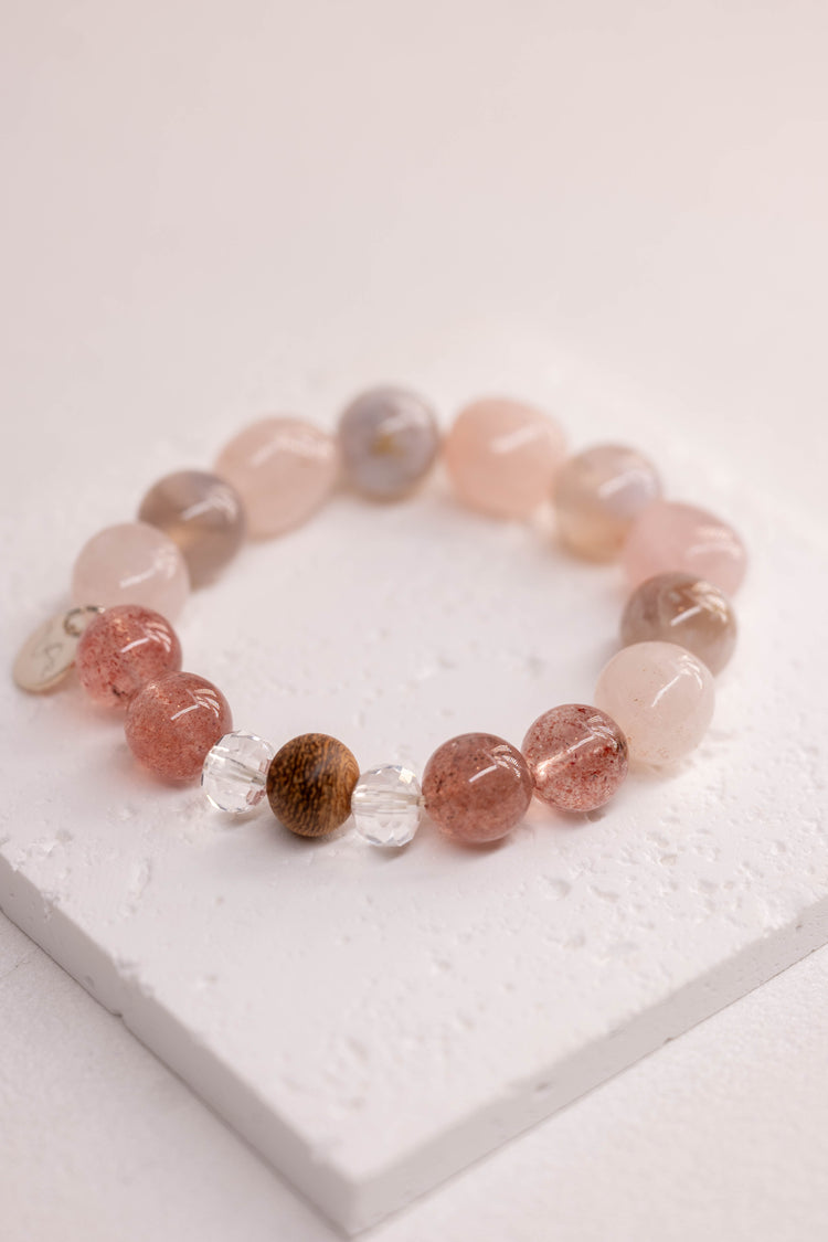 Bonded Bliss Bracelet | Madagascar Rose Quartz Madagascan Cherry Blossom Agate Strawberry Quartz(A) Kakawate Wood (Essential-oil-diffuser)