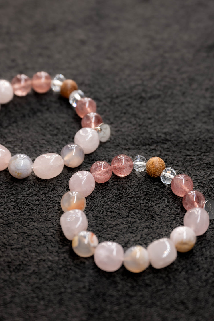 Bonded Bliss Bracelet | Madagascar Rose Quartz Madagascan Cherry Blossom Agate Strawberry Quartz(A) Kakawate Wood (Essential-oil-diffuser)