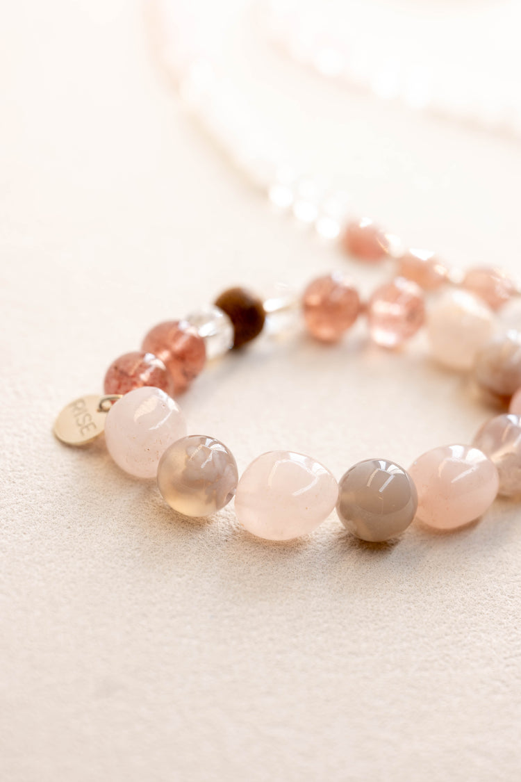 Bonded Bliss Bracelet | Madagascar Rose Quartz Madagascan Cherry Blossom Agate Strawberry Quartz(A) Kakawate Wood (Essential-oil-diffuser)