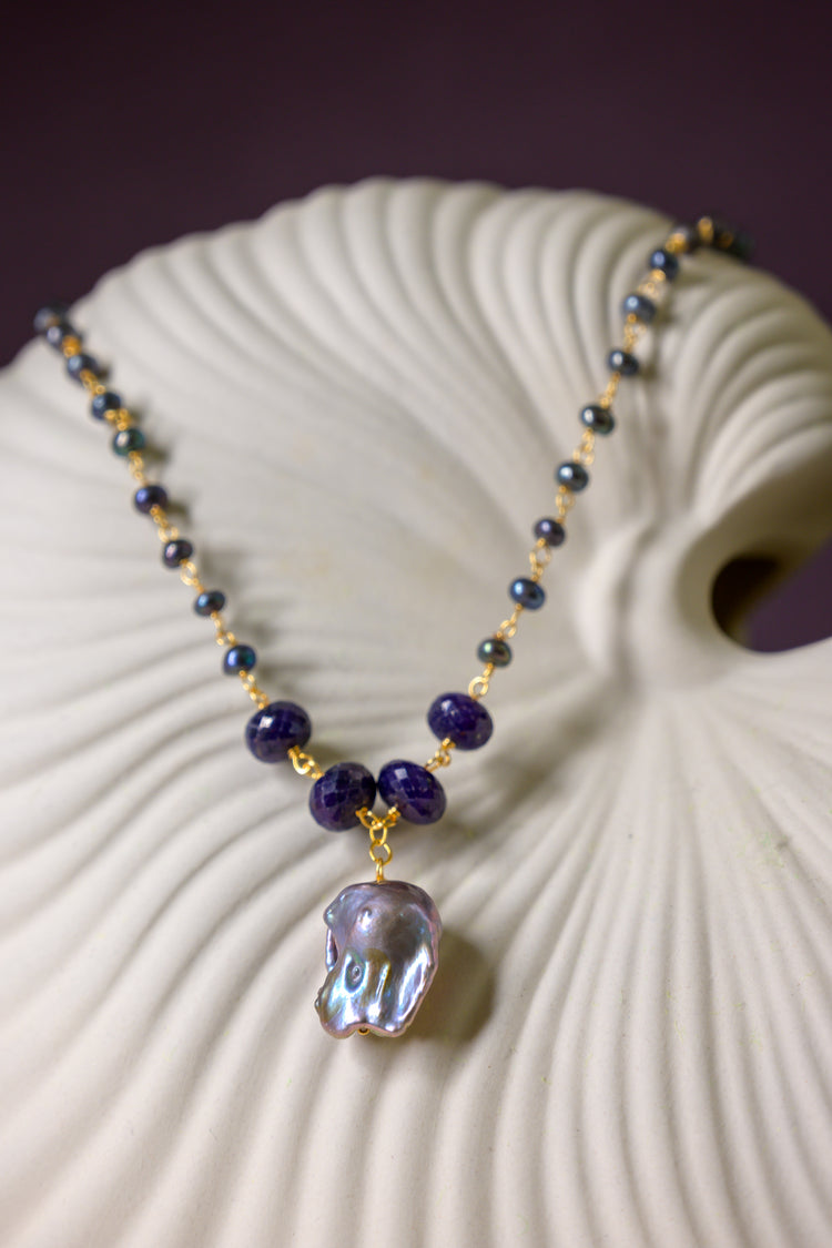 Clematis Sapphire Baroque Pearl Drop Necklace