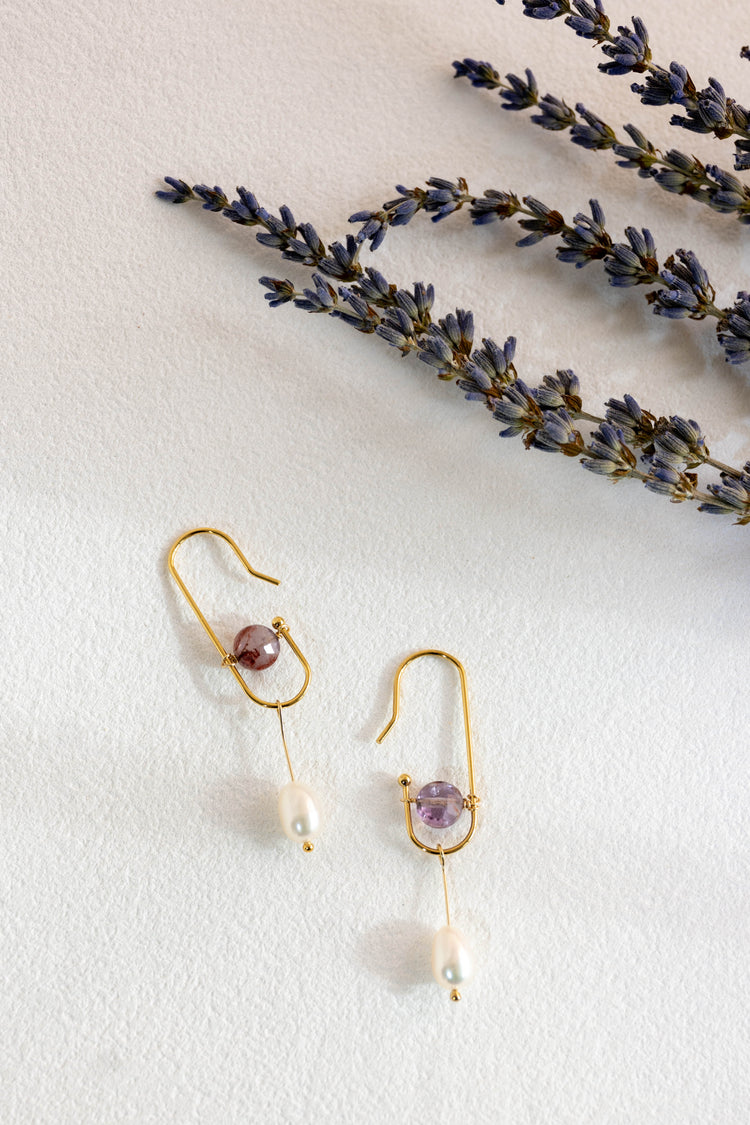 Crocus Crystal Purple Phantom Quartz Pearl Drop Earrings