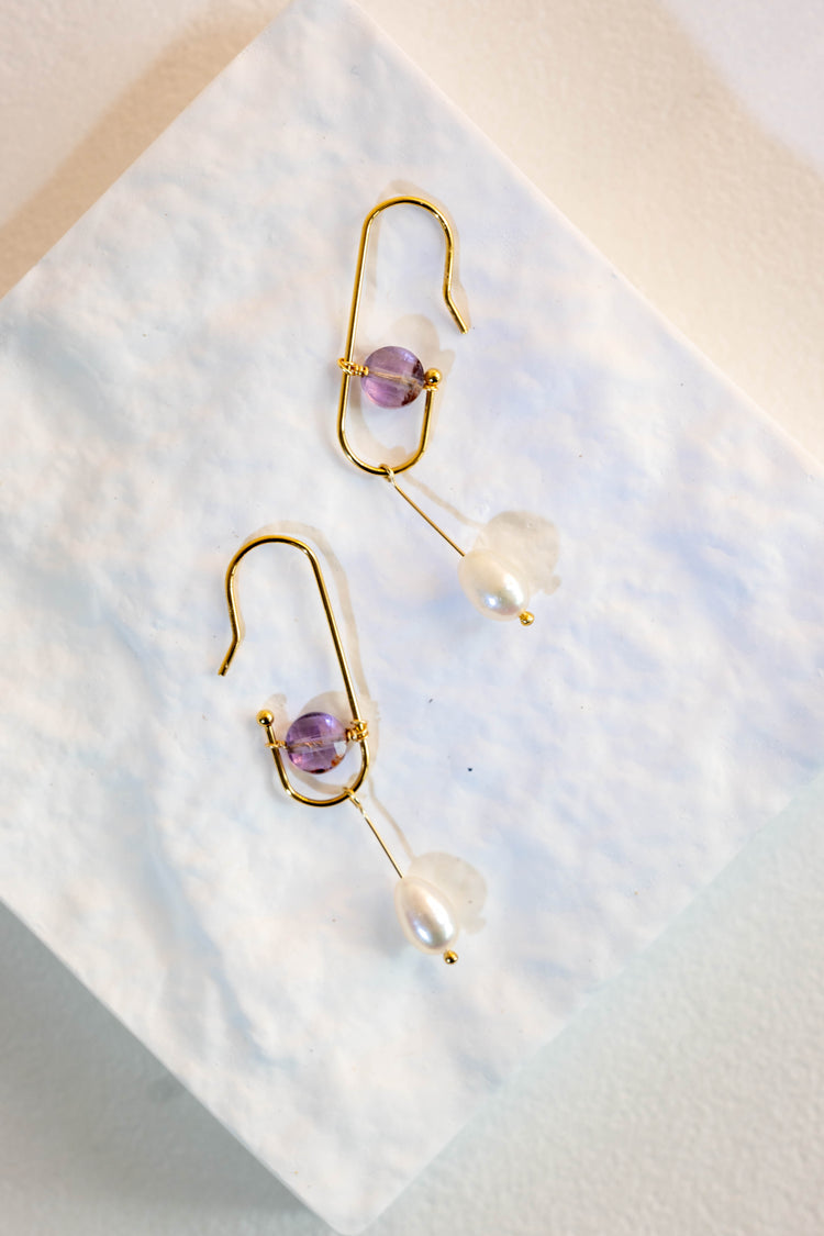 Crocus Crystal Purple Phantom Quartz Pearl Drop Earrings