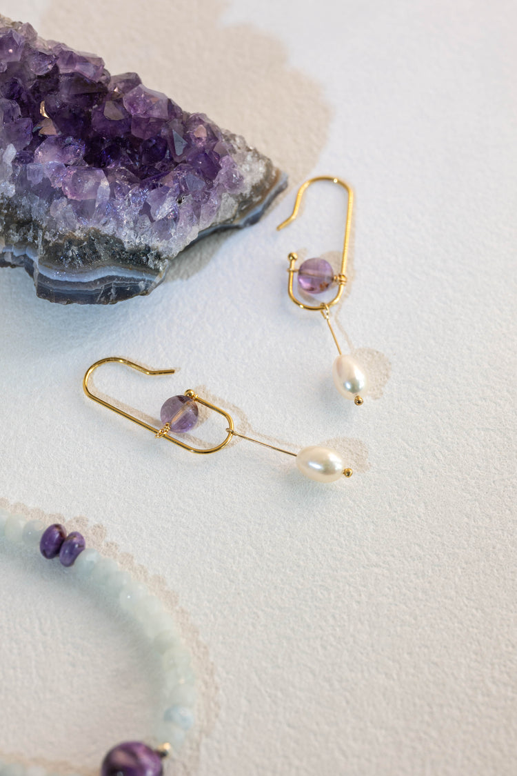 Crocus Crystal Purple Phantom Quartz Pearl Drop Earrings