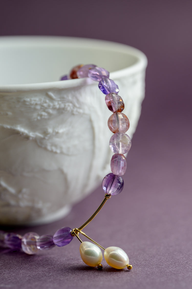 Crocus Crystal Purple Phantom Quartz Pearl Drop Necklace