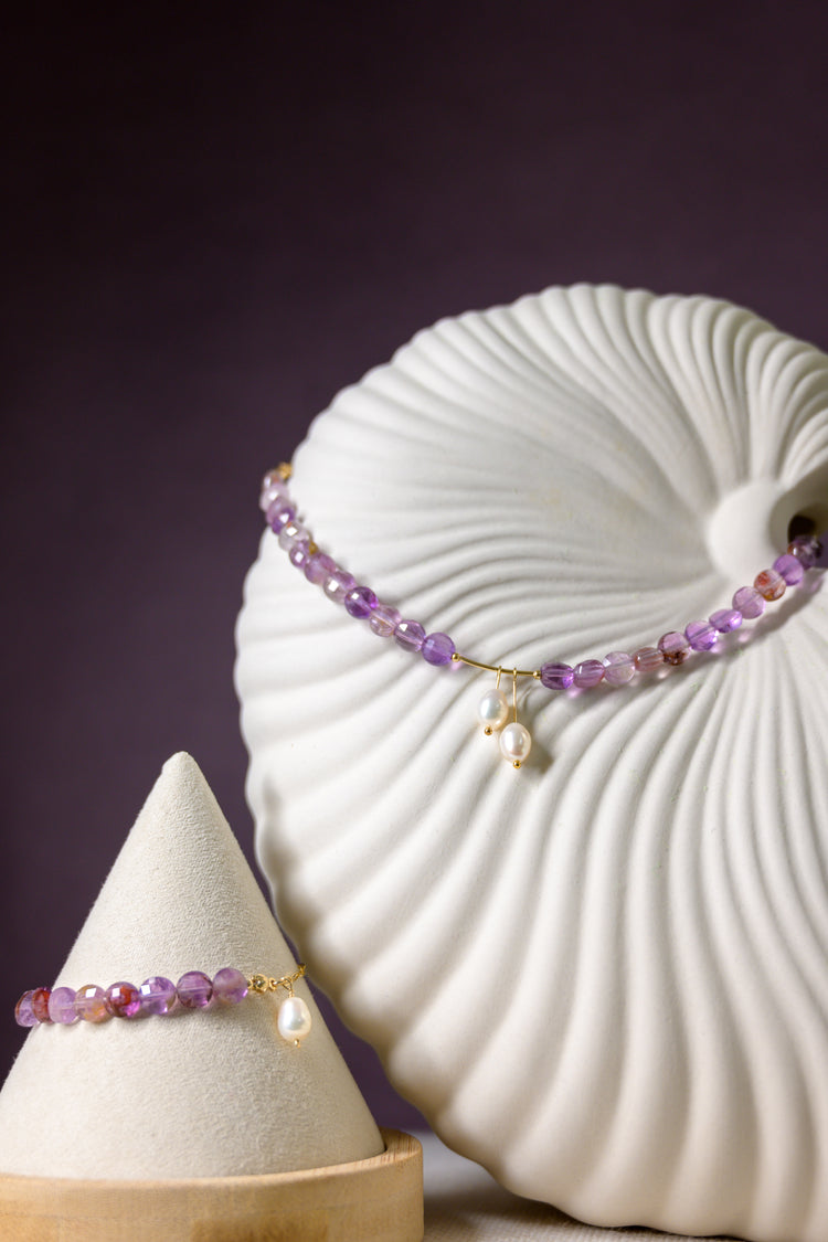Crocus Crystal Purple Phantom Quartz(Auralite-23) Pearl Drop Jewelry Set