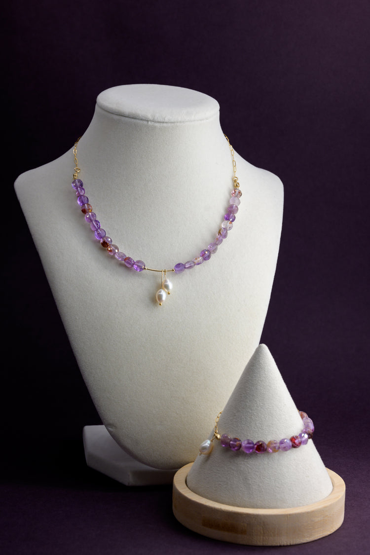 Crocus Crystal Purple Phantom Quartz(Auralite-23) Pearl Drop Jewelry Set