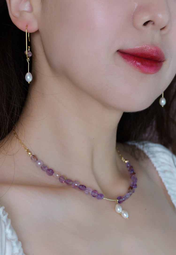 Crocus Crystal Purple Phantom Quartz(Auralite-23) Pearl Drops Jewelry Set