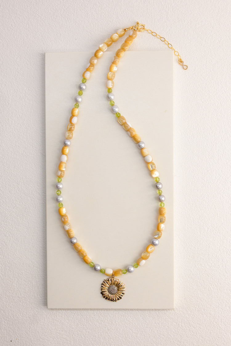 Golden Daisy Necklace | Peridot Grey Freshwater Pearl Natural Mother of Pearl
