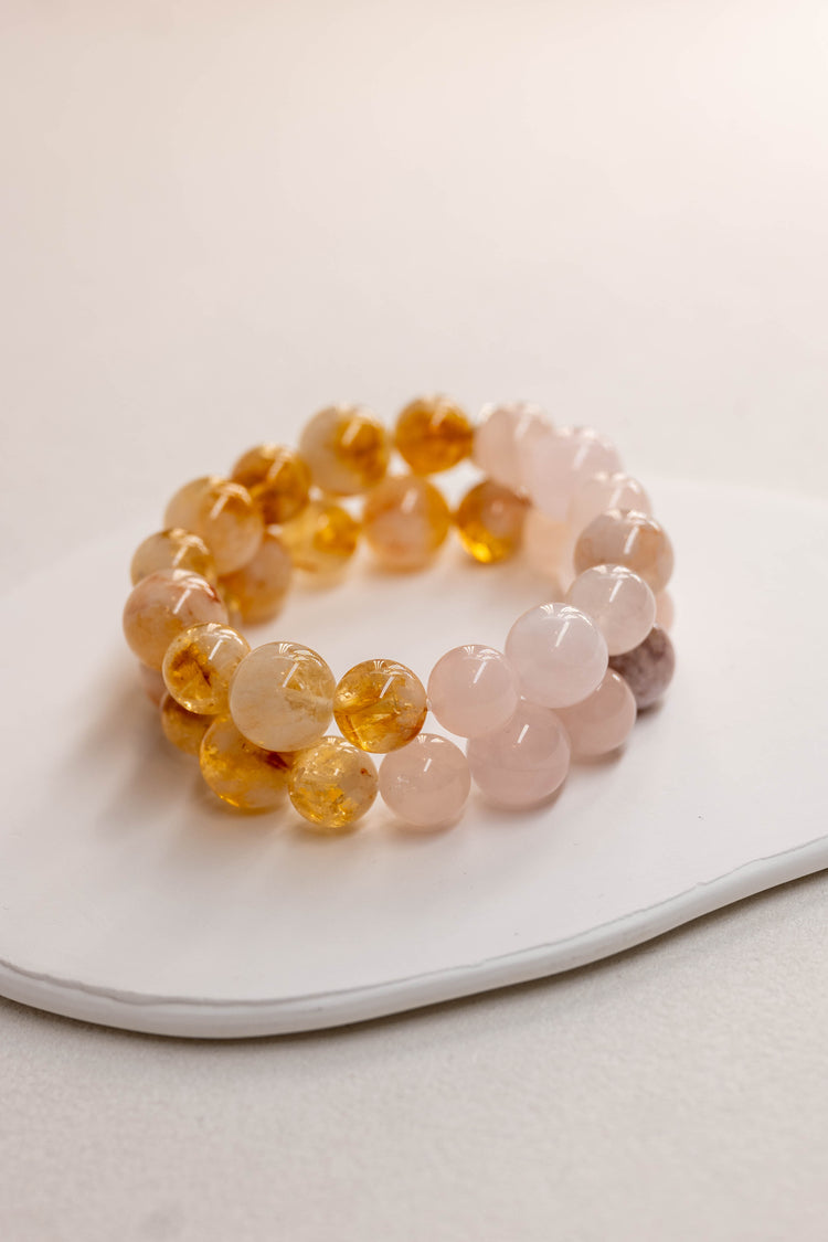 Bonded Bliss Bracelet | Madagascar Rose Quartz Madagascan Cherry Blossom Agate Natural Golden Citrine