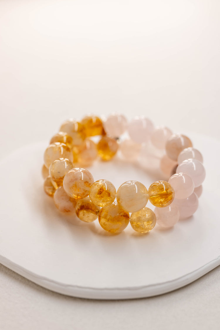 Bonded Bliss Bracelet | Madagascar Rose Quartz Madagascan Cherry Blossom Agate Natural Golden Citrine