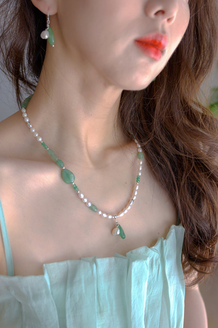 Dawn Leaf Jewelry Set Green Aventurine Freshwater Pearls