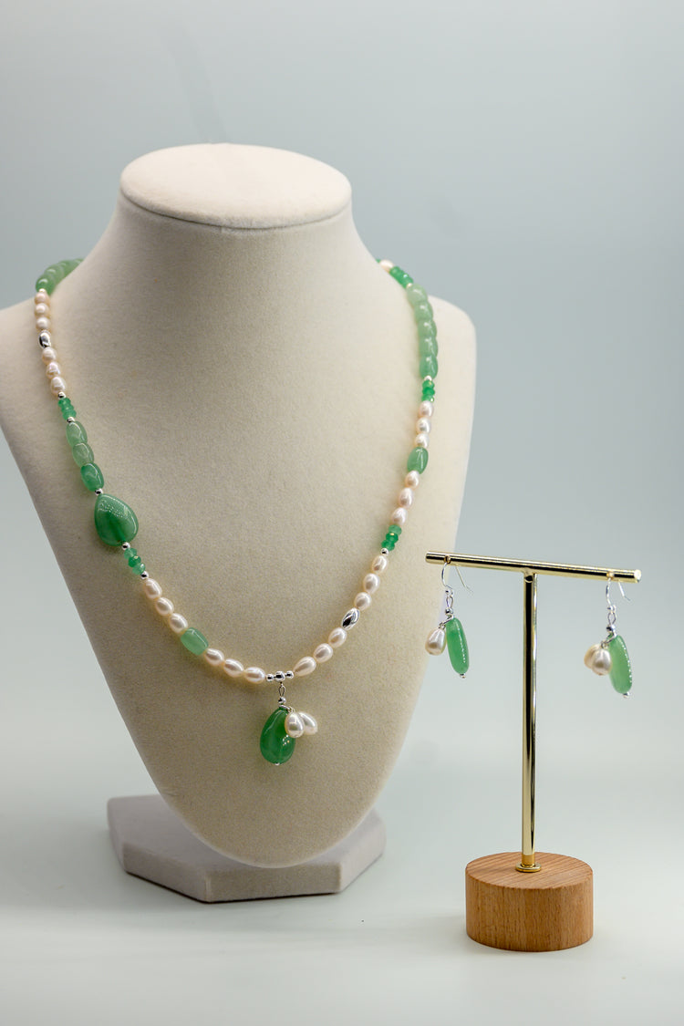 Dawn Leaf Jewelry Set Green Aventurine Freshwater Pearls