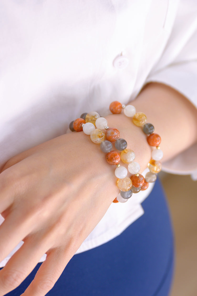 Divine Harmony Bracelet with Gray Moonstone, White Moonstone, Golden Citrine, and Madagascan Marigold Sunstone: