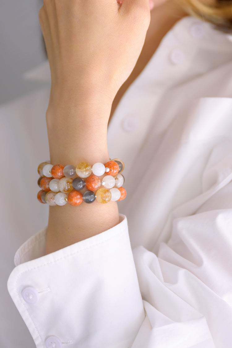 Divine Harmony Bracelet with Gray Moonstone, White Moonstone, Golden Citrine, and Madagascan Marigold Sunstone: