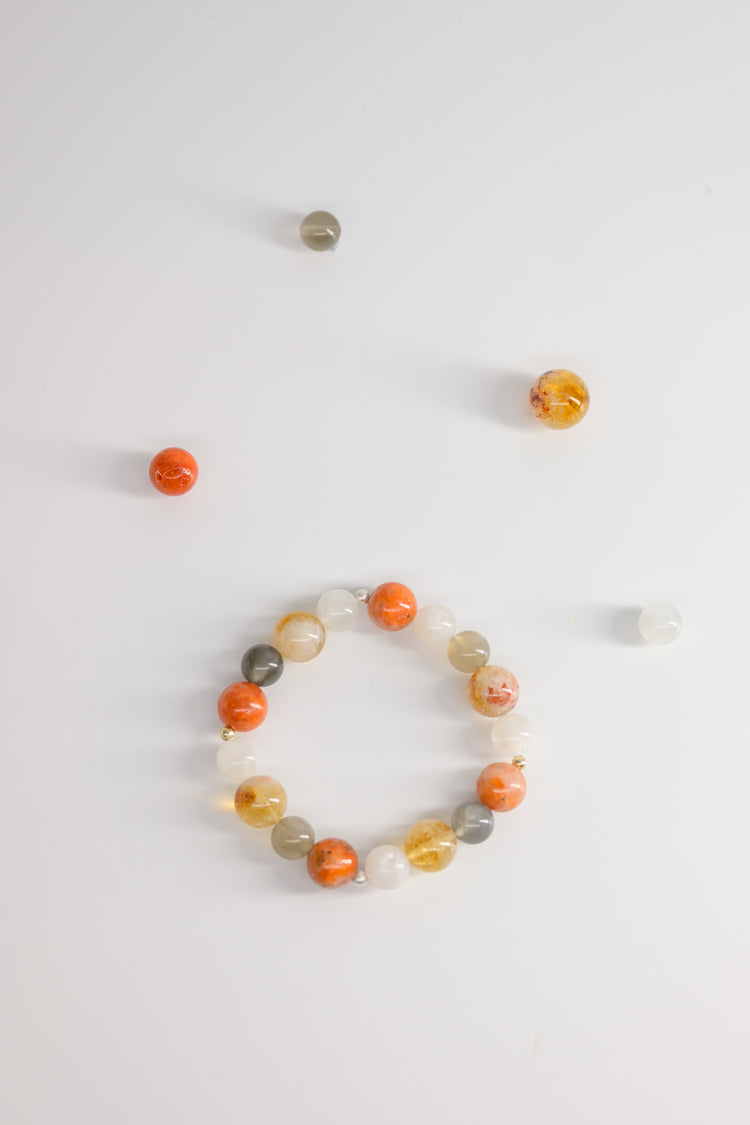 Divine Harmony Bracelet with Gray Moonstone, White Moonstone, Golden Citrine, and Madagascan Marigold Sunstone: