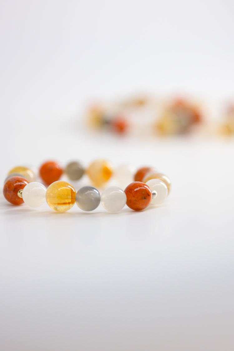 Divine Harmony Bracelet with Gray Moonstone, White Moonstone, Golden Citrine, and Madagascan Marigold Sunstone: