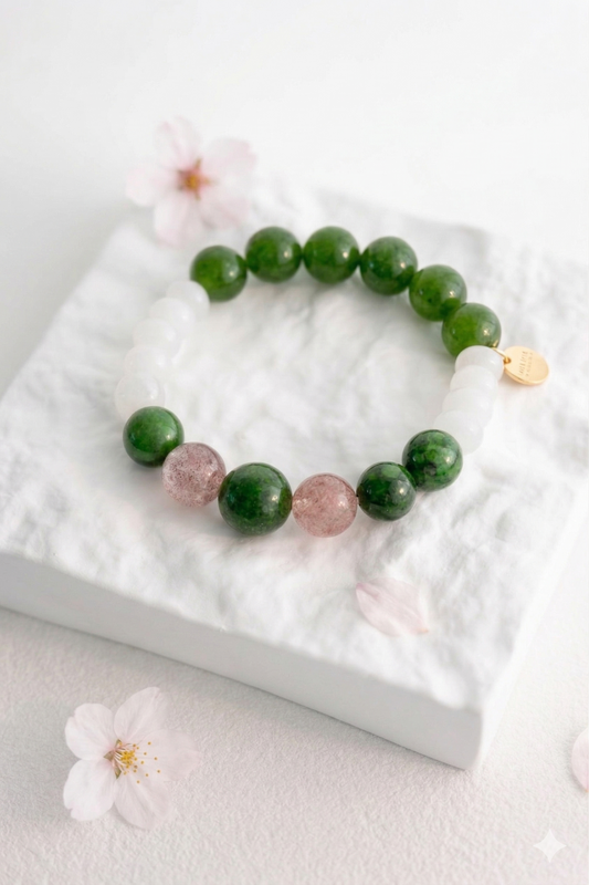 Eternal Youth Bracelet | Canada B.C. Jade(AA) Maw-Sit-Sit Jade-albite White Jade Strawberry Quartz