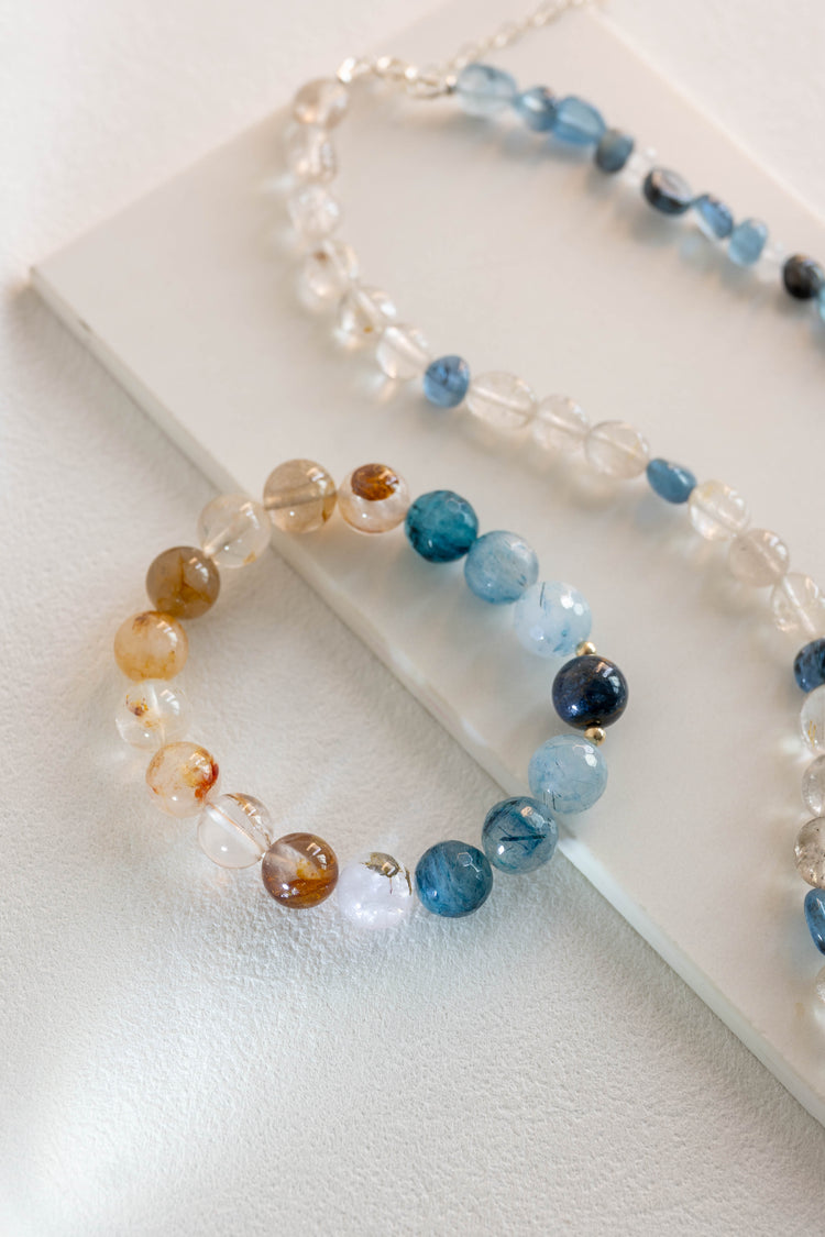 Golden Ambition Bracelet | Gold Hematoid Quartz(A) Blue Rutliated Quartz Blue Pietersite(AA)