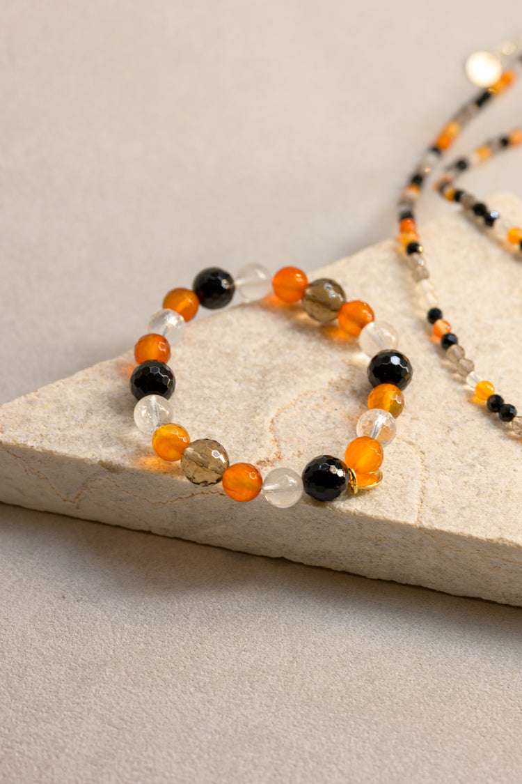 Golden Peak Bracelet | Carnelian Smoky Quartz Black Onyx Rock Crystal