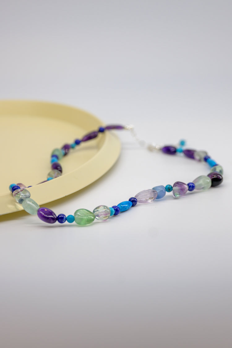 Harmonic Boost Necklace  with Rainbow Fluorite, Amethyst, Howlite Turquoise, and Lapis Lazul