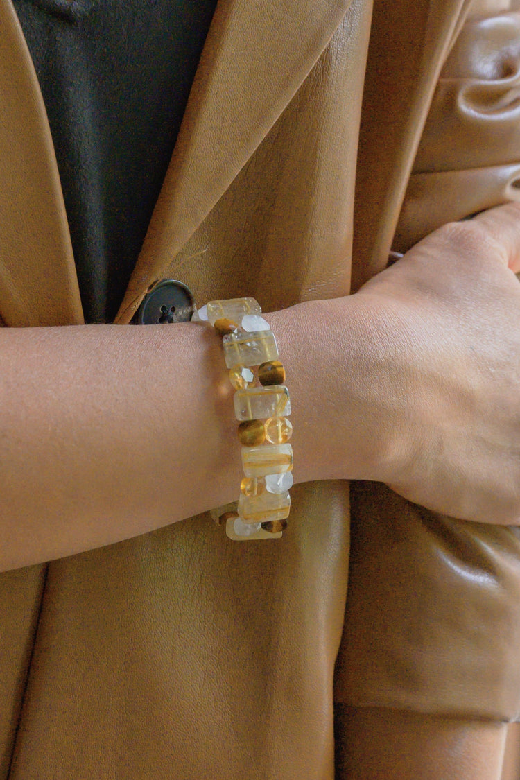 Sunfire Crown Bangle | Golden Rutilated Quartz(AA) Citrine(AA) Tiger's Eyes(A) Rock Crystal Quartz