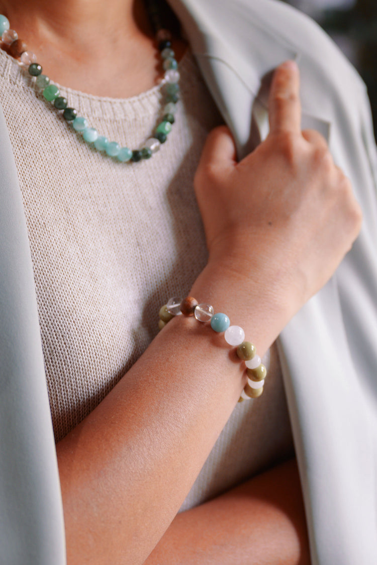 Visionary Spark Bracelet | Amazonite(AA) Green Imperial Jasper Kakawate Wood White Jade