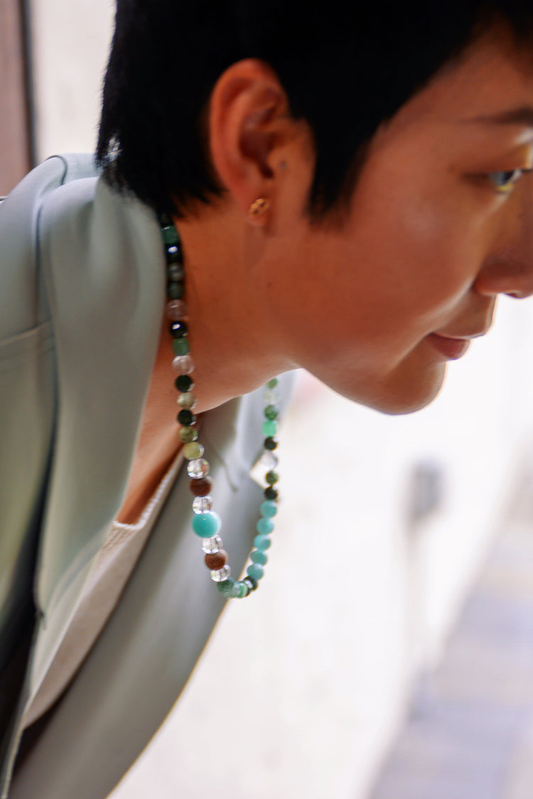 Green Soul Necklace//Three Wrapped Bracelet | Russian Angelite Green Rutilated Quartz Green Aventurine Kakawate Wood