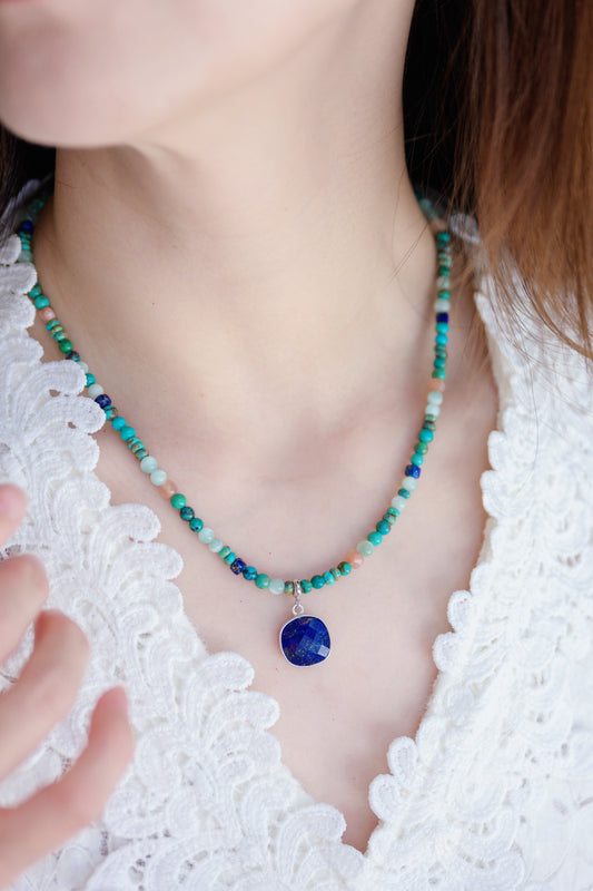 Turquoise Tranquility Necklace with Lapis Square Pendant | Hubei Turquoise (A) Russian Green Angelite Peach Moonstone (A)