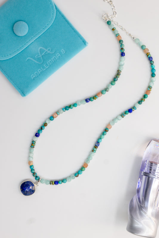 Turquoise Tranquility Necklace with Lapis Square Pendant | Hubei Turquoise (A) Russian Green Angelite Peach Moonstone (A)
