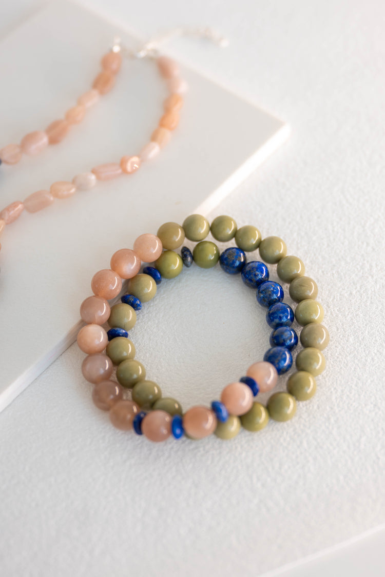 Luminous Moss Double-lined Bracelet | Green Imperial Jasper Peach Moonstone(A) Lapis
