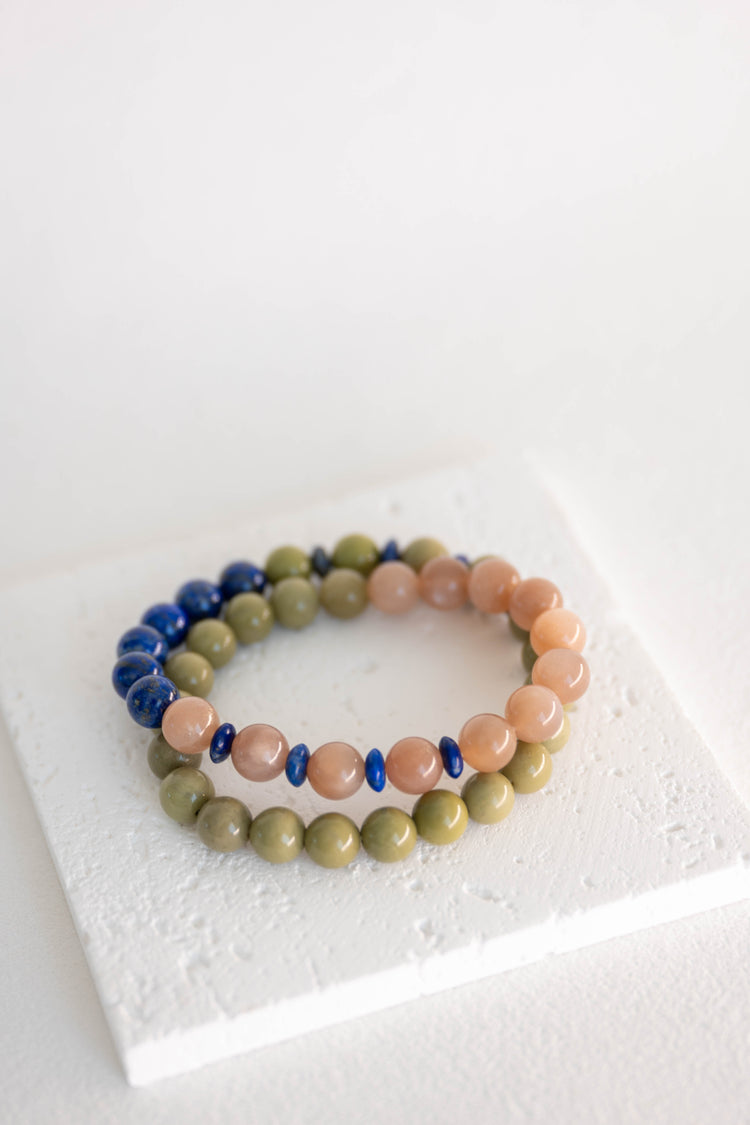 Luminous Moss Double-lined Bracelet | Green Imperial Jasper Peach Moonstone(A) Lapis