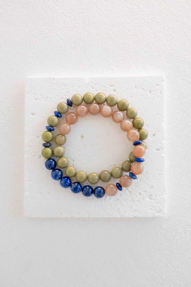 Luminous Moss Double-lined Bracelet | Green Imperial Jasper Peach Moonstone(A) Lapis