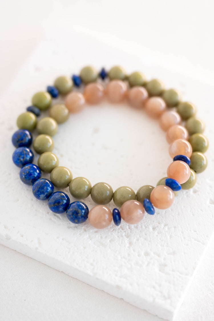 Luminous Moss Double-lined Bracelet | Green Imperial Jasper Peach Moonstone(A) Lapis