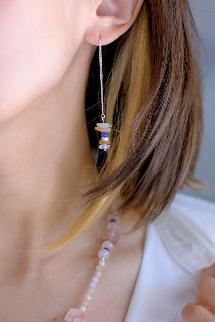 Lunar Harmony Wire Chain Earrings with Moonstone and Lapis