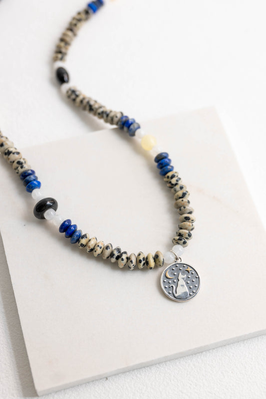 Starlit Meow Charm Necklace2.0 | Dalmatian Jasper Black Onyx Moonstone