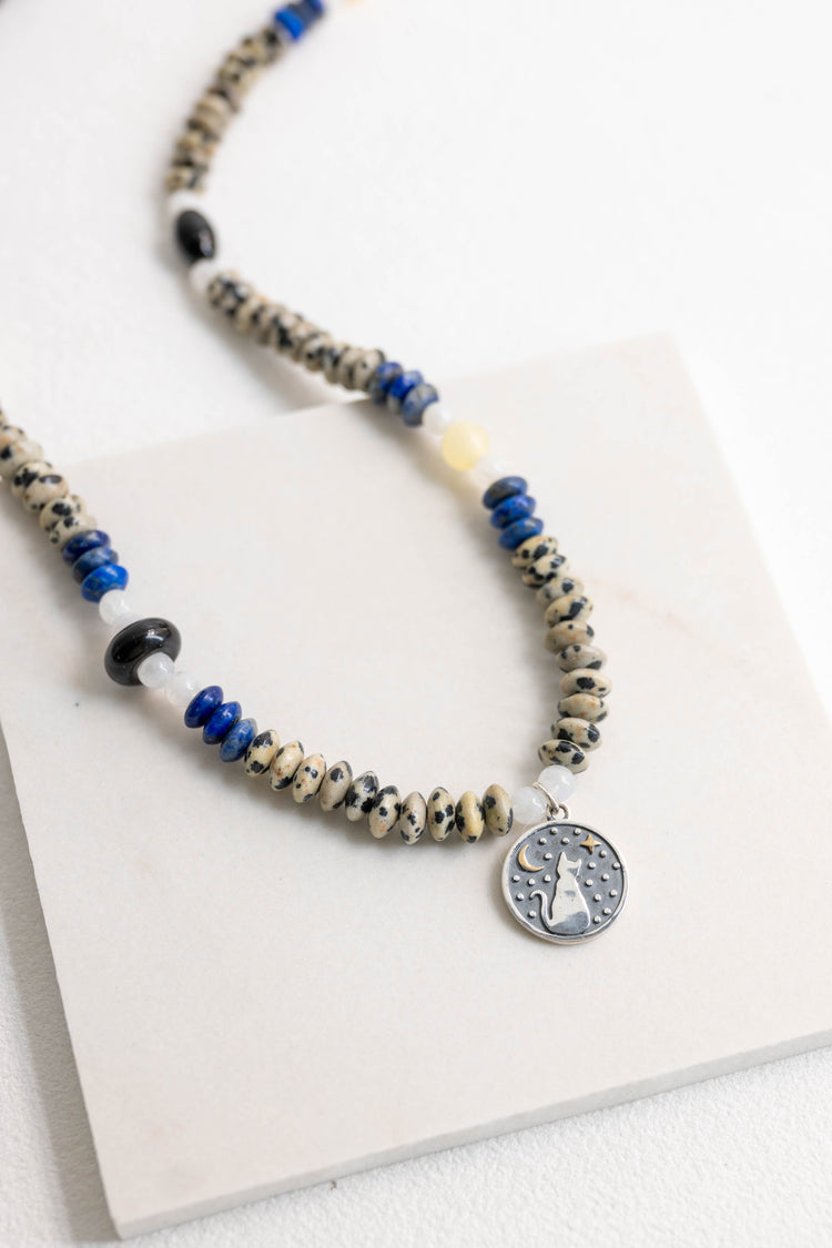Starlit Meow Charm Necklace2.0 | Dalmatian Jasper Black Onyx Moonstone