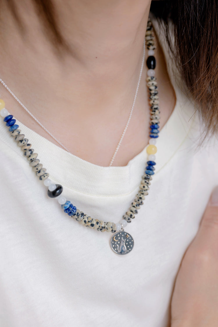 Starlit Meow Charm Necklace2.0 | Dalmatian Jasper Black Onyx Moonstone