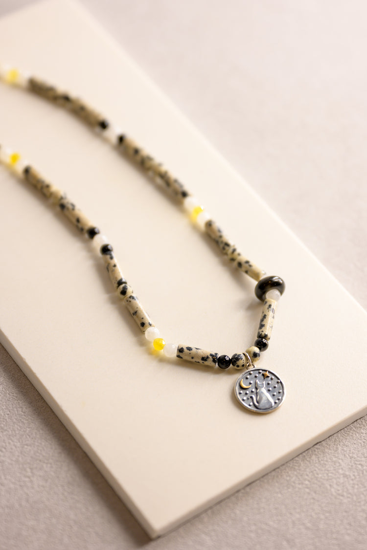 Starlit Meow Charm Necklace | Dalmatian Jasper Yellow Opal Black Onyx Moonstone