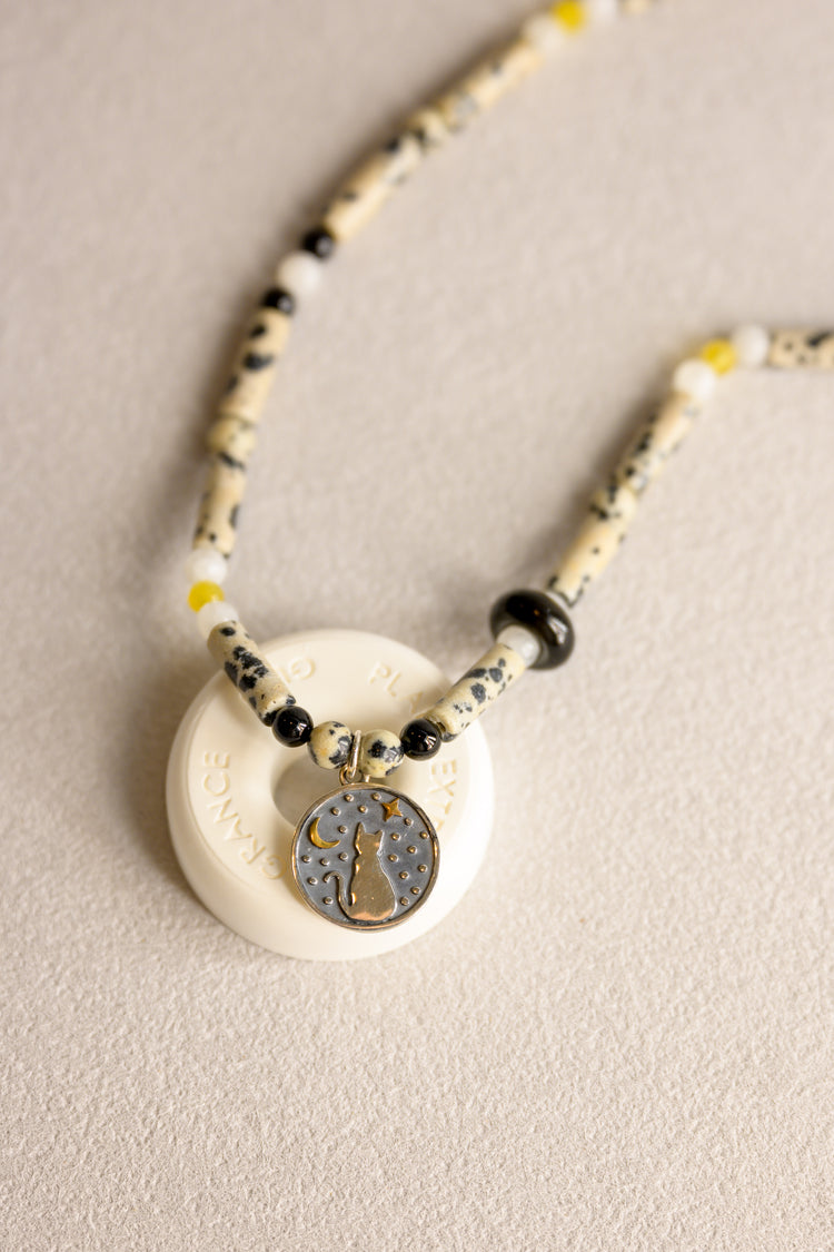 Starlit Meow Charm Necklace | Dalmatian Jasper Yellow Opal Black Onyx Moonstone