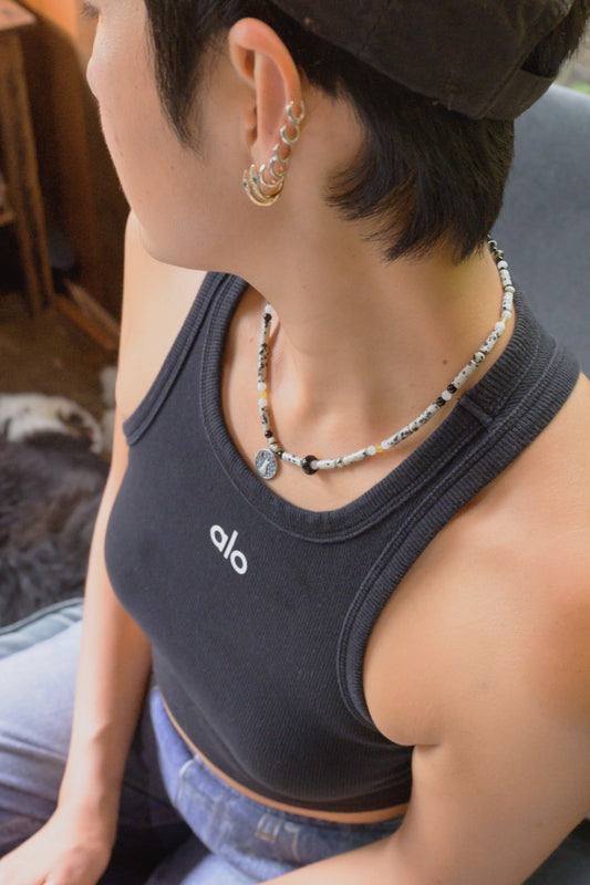 Starlit Meow Charm Necklace | Dalmatian Jasper Yellow Opal Black Onyx Moonstone