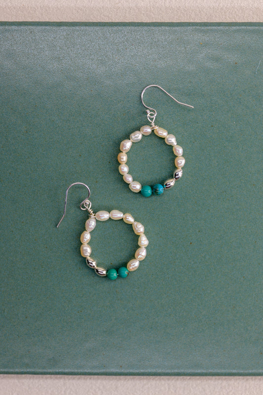 Moon Over Water Hoop Earrings | Hubei Turquoise (A) Freshwater Pearl