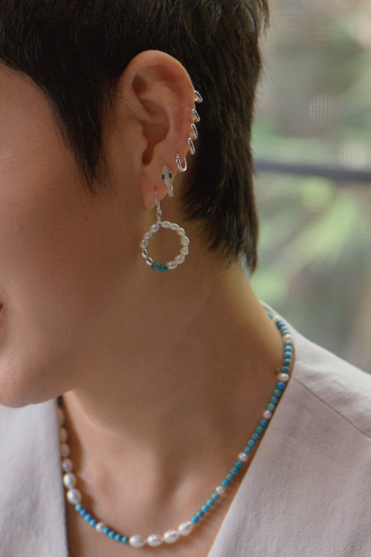 Moon Over Water Hoop Earrings | Hubei Turquoise (A) Freshwater Pearl