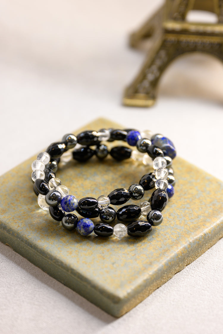 Ethereal Nightfall Three Wrapped Bracelet or Necklace | Hematite Black Onyx Rock Crystal Quartz Lapis