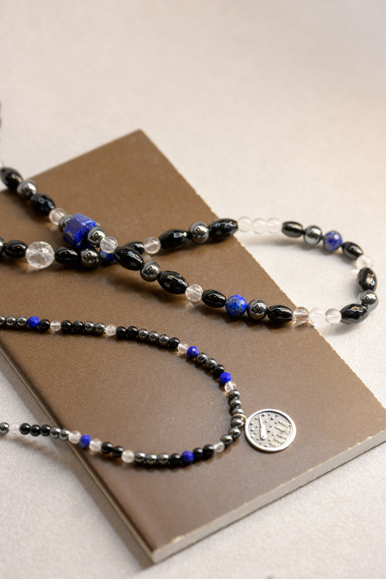 Ethereal Nightfall Three Wrapped Bracelet or Necklace | Hematite Black Onyx Rock Crystal Quartz Lapis