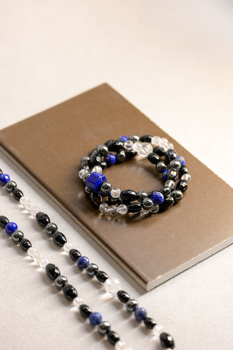 Ethereal Nightfall Three Wrapped Bracelet or Necklace | Hematite Black Onyx Rock Crystal Quartz Lapis